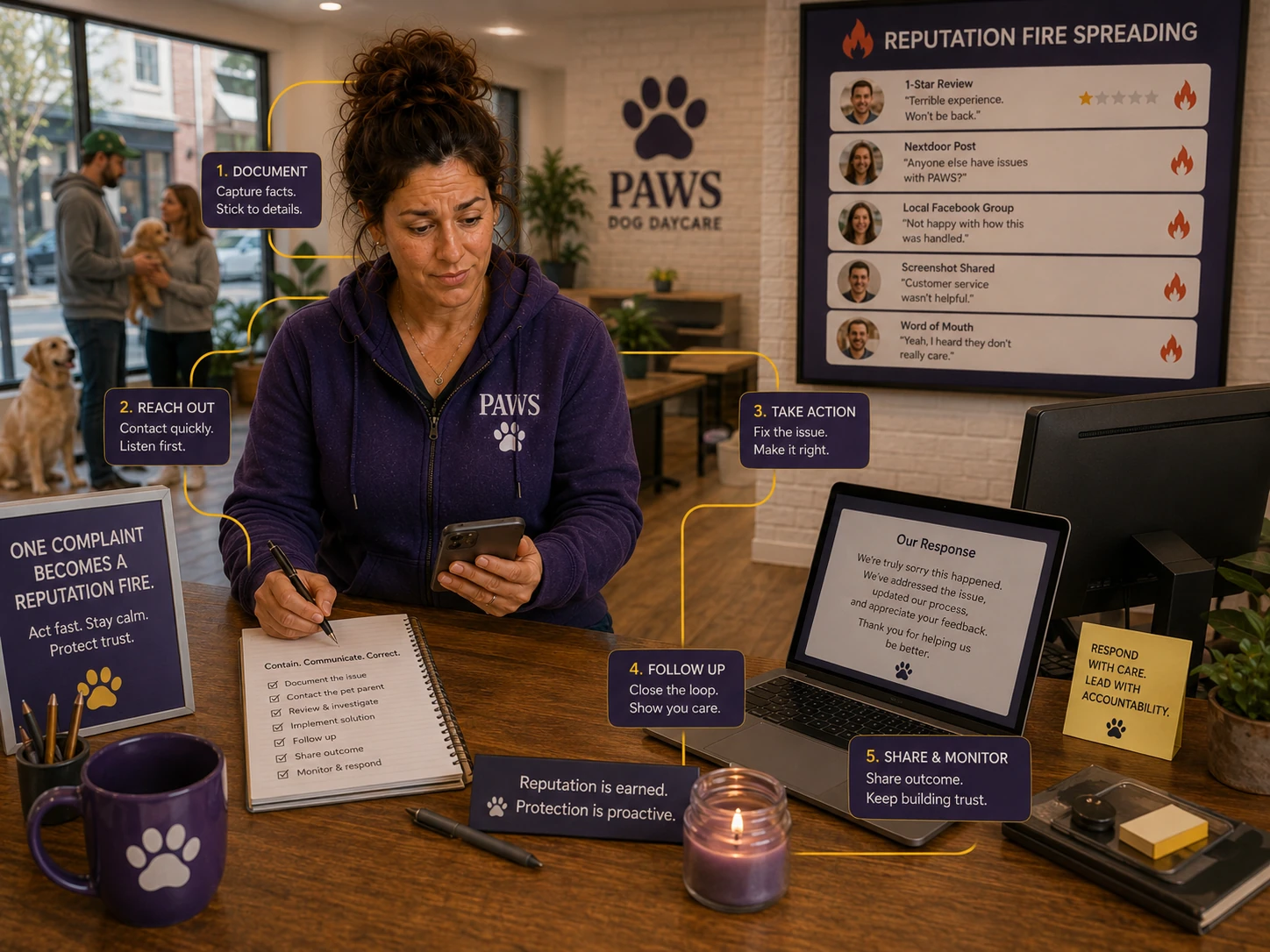PAWS Lady documents and responds to a complaint while a reputation board shows it spreading through reviews, neighborhood posts, screenshots, and word of mouth.