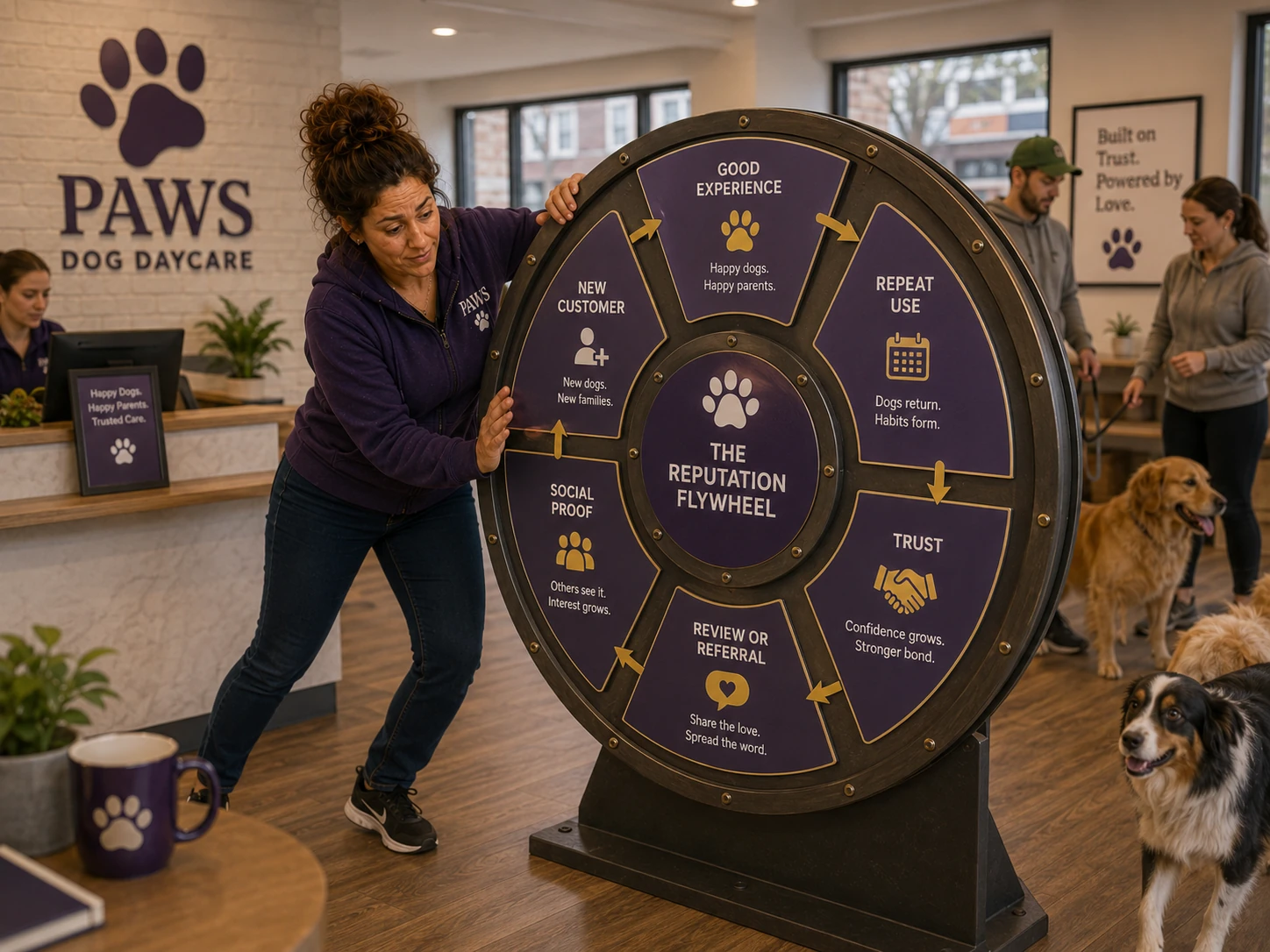 PAWS Lady pushes a reputation flywheel connecting good experiences, repeat use, trust, reviews or referrals, social proof, and new customers.