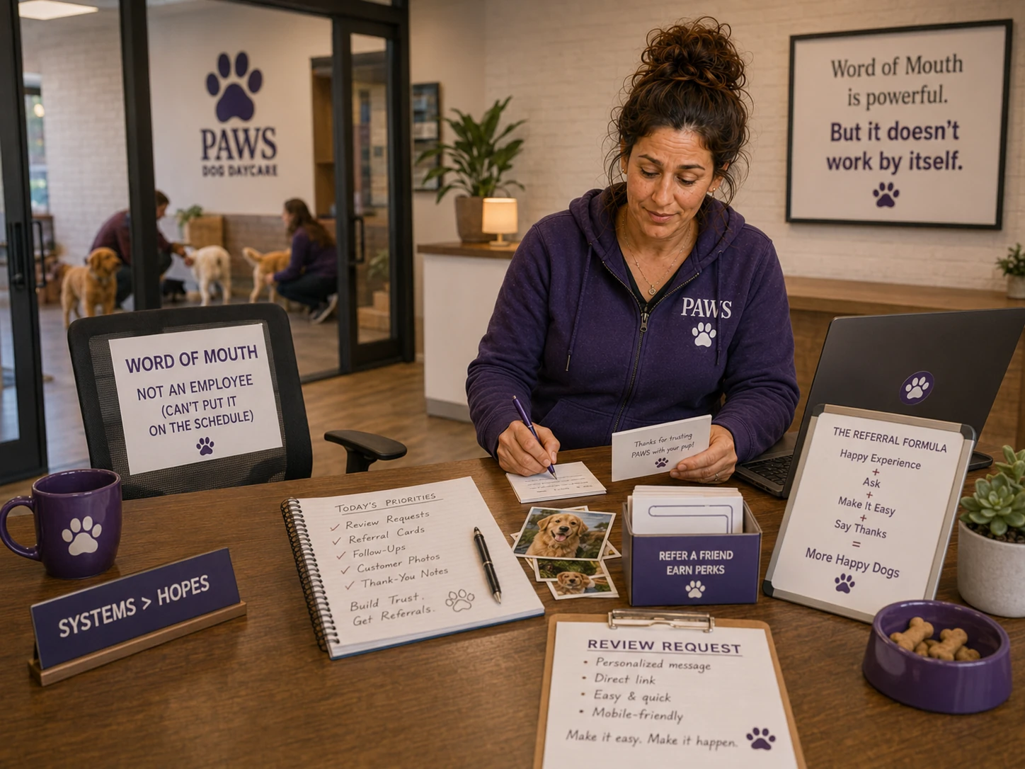 PAWS Lady builds a review and referral system beside an empty chair labeled Word of Mouth, using customer photos, thank-you notes, follow-ups, and share cards.