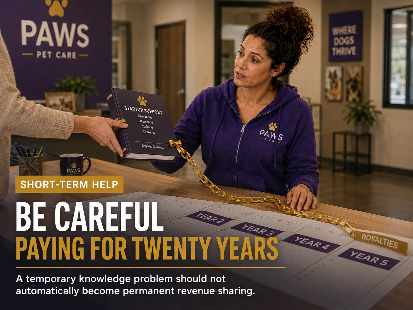 A hand offers PAWS Lady a startup support binder while a gold chain labeled royalties stretches across a year-by-year timeline, with overlay text warning against paying for twenty years for short-term help.