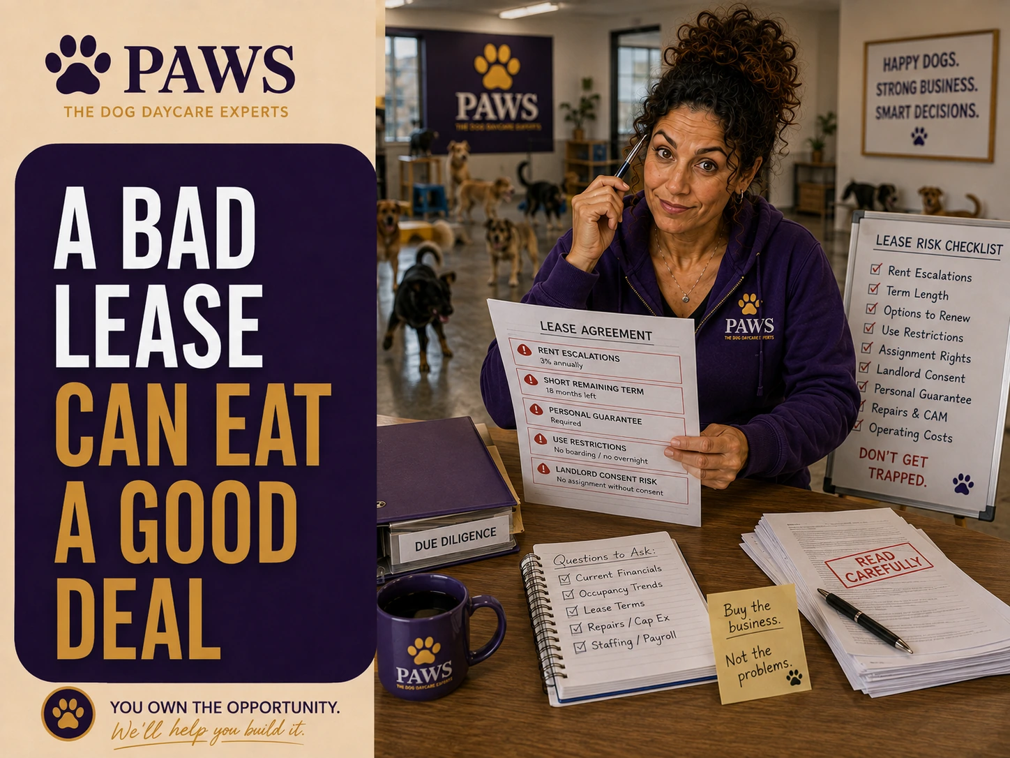 PAWS Lady holds a lease agreement and a lease risk checklist inside a dog daycare, warning that unfavorable lease terms can ruin an otherwise good acquisition.