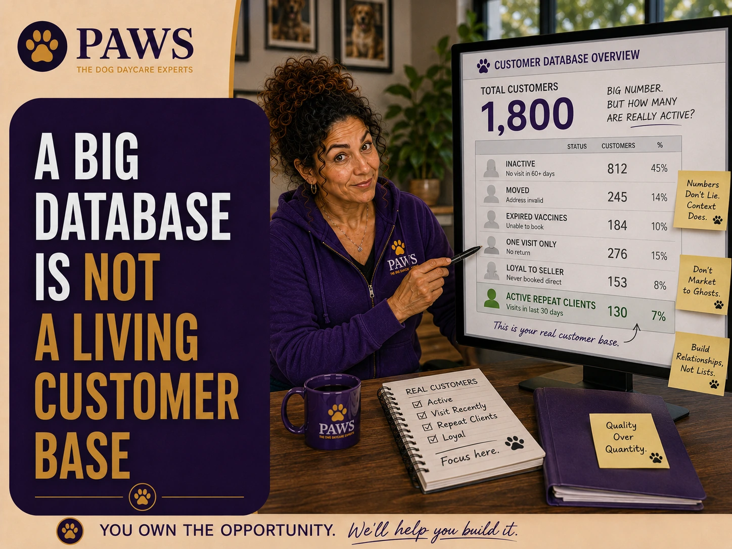PAWS Lady reviews a customer database showing that a large total count can hide inactive, moved, expired-vaccine, one-visit, and seller-loyal profiles while only a small number are truly active repeat clients.