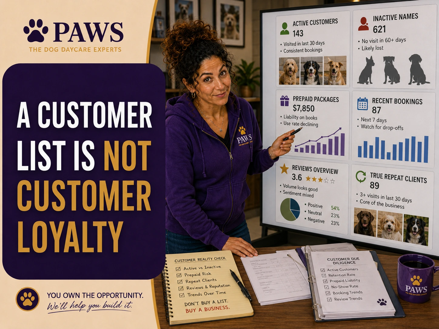 PAWS Lady presents a dashboard comparing active customers, inactive names, prepaid packages, bookings, reviews, and repeat clients to show that a customer list alone is not proof of loyalty.
