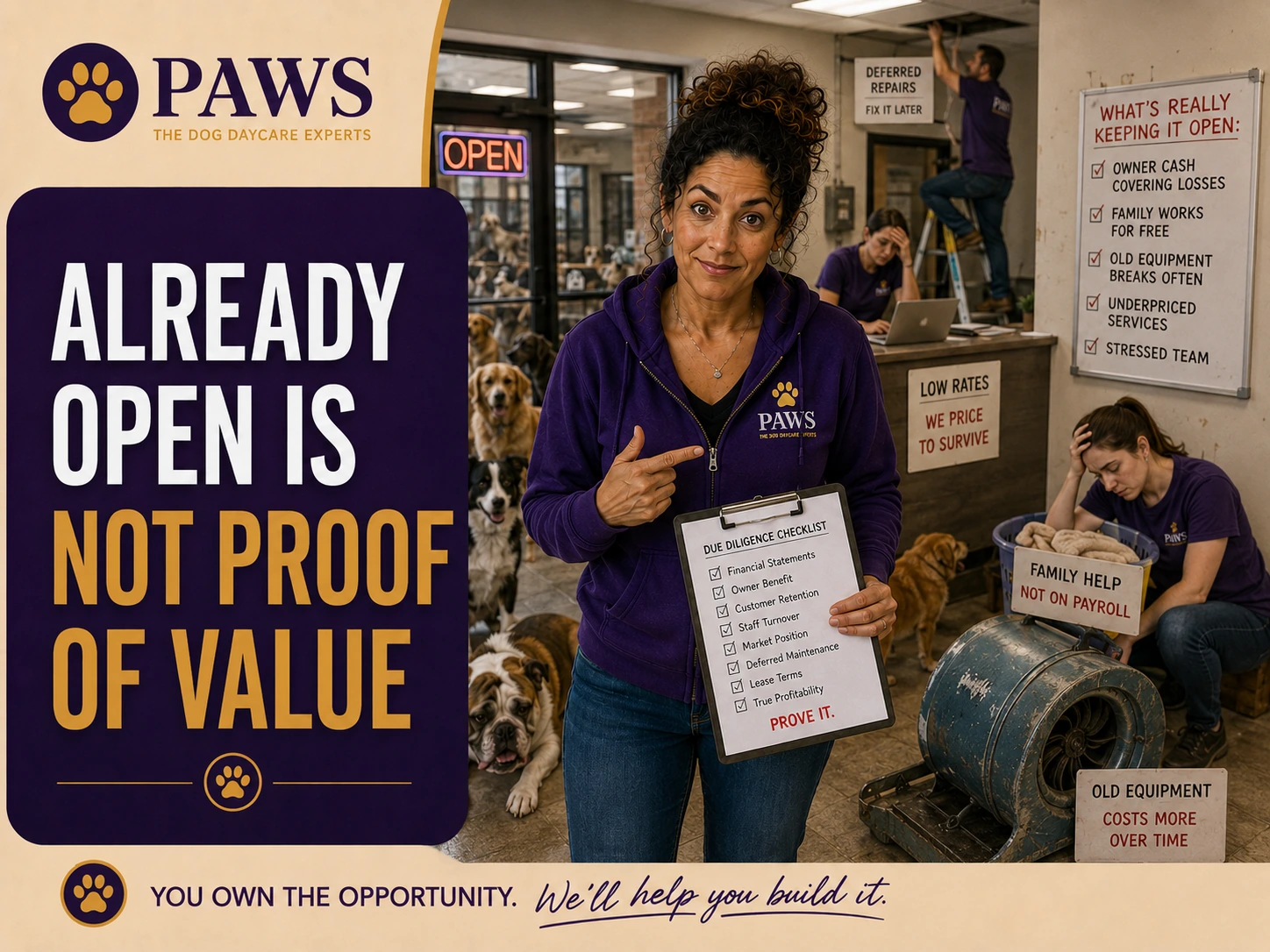 PAWS Lady points to a due diligence checklist inside a stressed, underperforming daycare, illustrating that an already-open business is not automatically a valuable one.