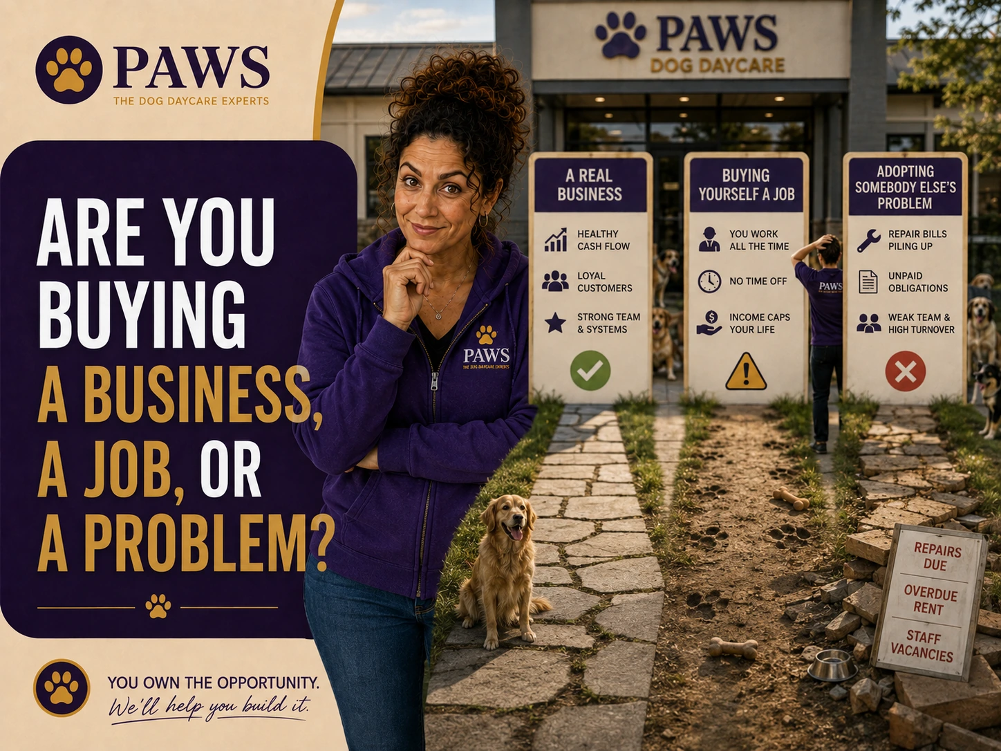 PAWS Lady stands outside a dog daycare between three paths labeled as a real business, buying yourself a job, or adopting somebody else's problem, prompting buyers to judge what they are actually acquiring.
