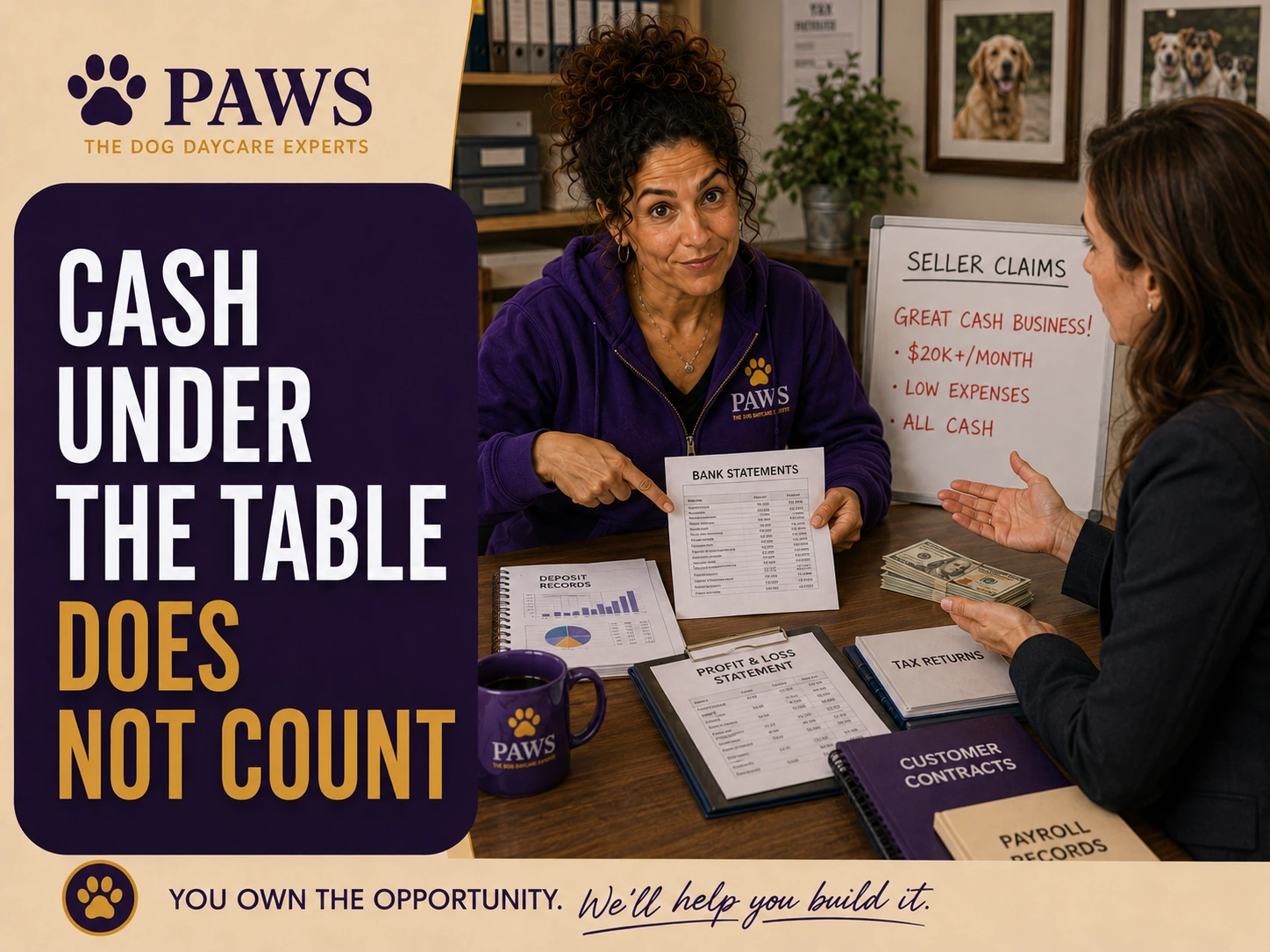 PAWS Lady reviews bank statements and financial records across the table while a seller gestures toward a pile of cash, underscoring that undocumented income does not count in a daycare acquisition.
