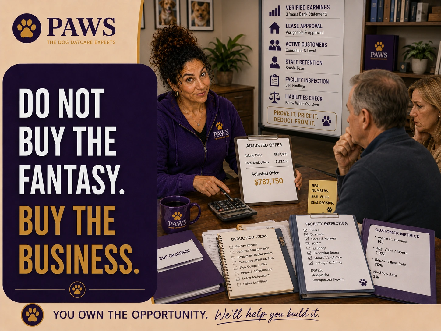 PAWS Lady presents an adjusted offer based on verified earnings, lease approval, active customers, staff retention, facility inspection, and liabilities while a seller and broker wait across the table.