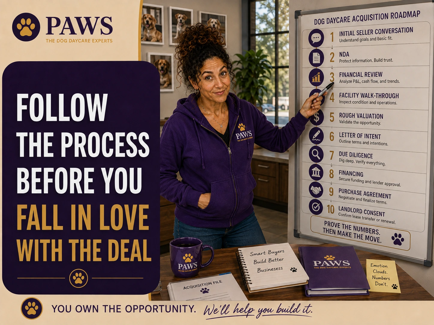 PAWS Lady points to a ten-step dog daycare acquisition roadmap on a whiteboard, emphasizing a structured buying process before committing emotionally to the deal.