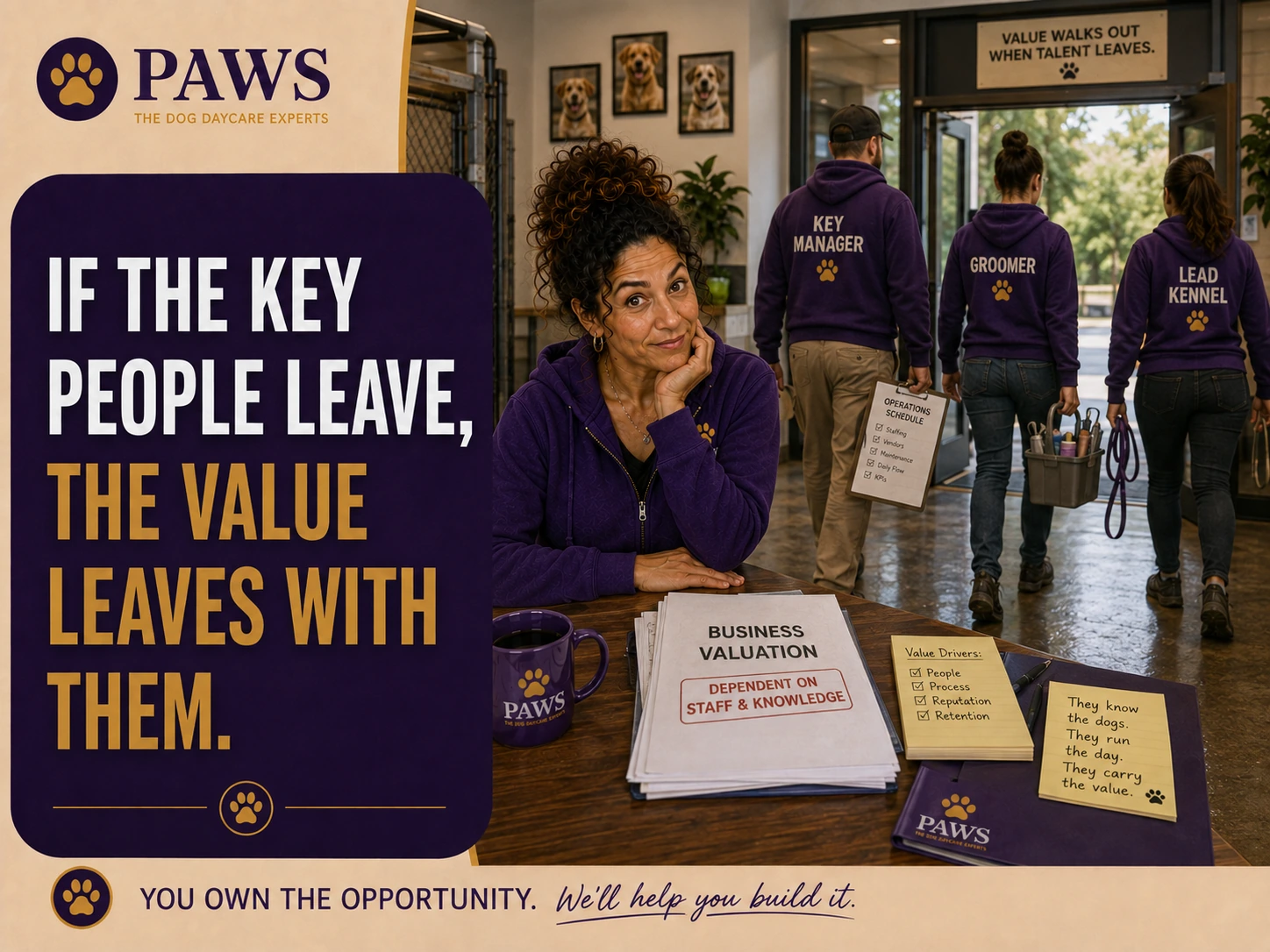 PAWS Lady sits beside a business valuation file as the key manager, groomer, and lead kennel employee walk toward the exit carrying practical operating knowledge out the door.