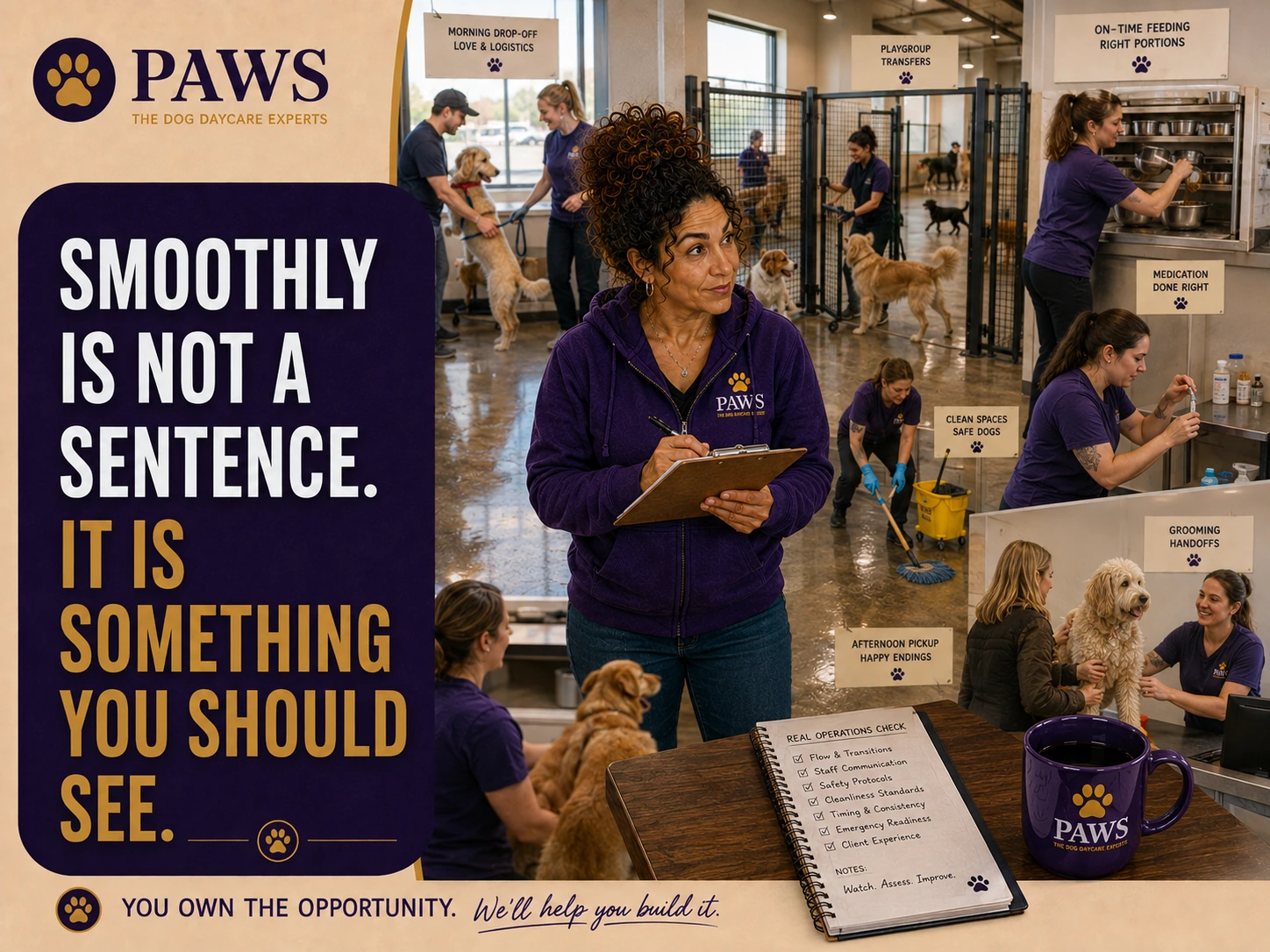 PAWS Lady observes a busy dog daycare in motion during drop-off, playgroup transfers, feeding, medication, cleaning, grooming handoffs, and pickup to evaluate whether operations truly run smoothly.