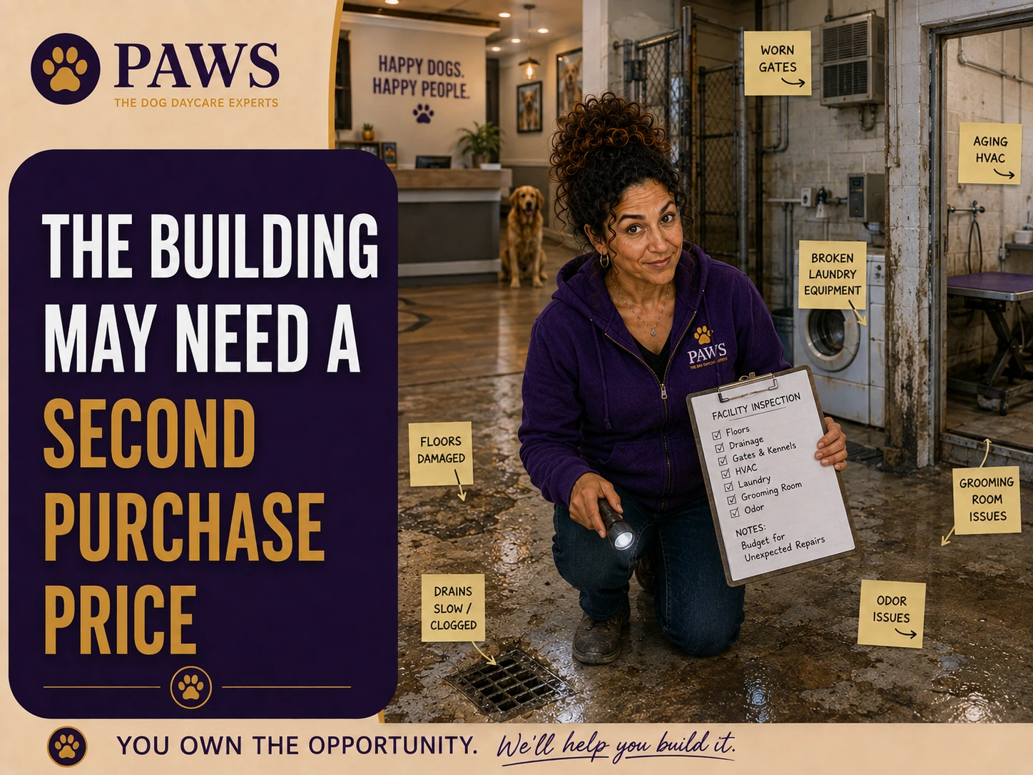 PAWS Lady inspects a worn dog daycare facility with damaged floors, clogged drains, aging HVAC, broken laundry equipment, grooming-room issues, odor concerns, and worn gates.