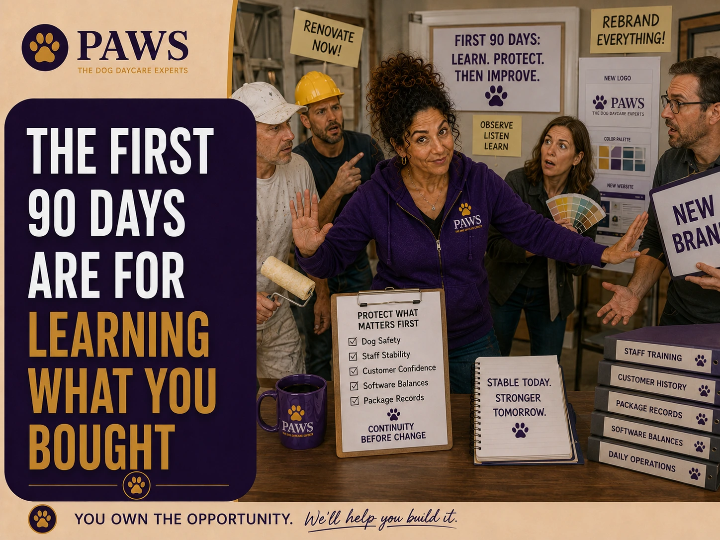 PAWS Lady holds back renovation and rebranding pressure while focusing first on dog safety, staff stability, customer confidence, software balances, and package records during the first ninety days after acquisition.