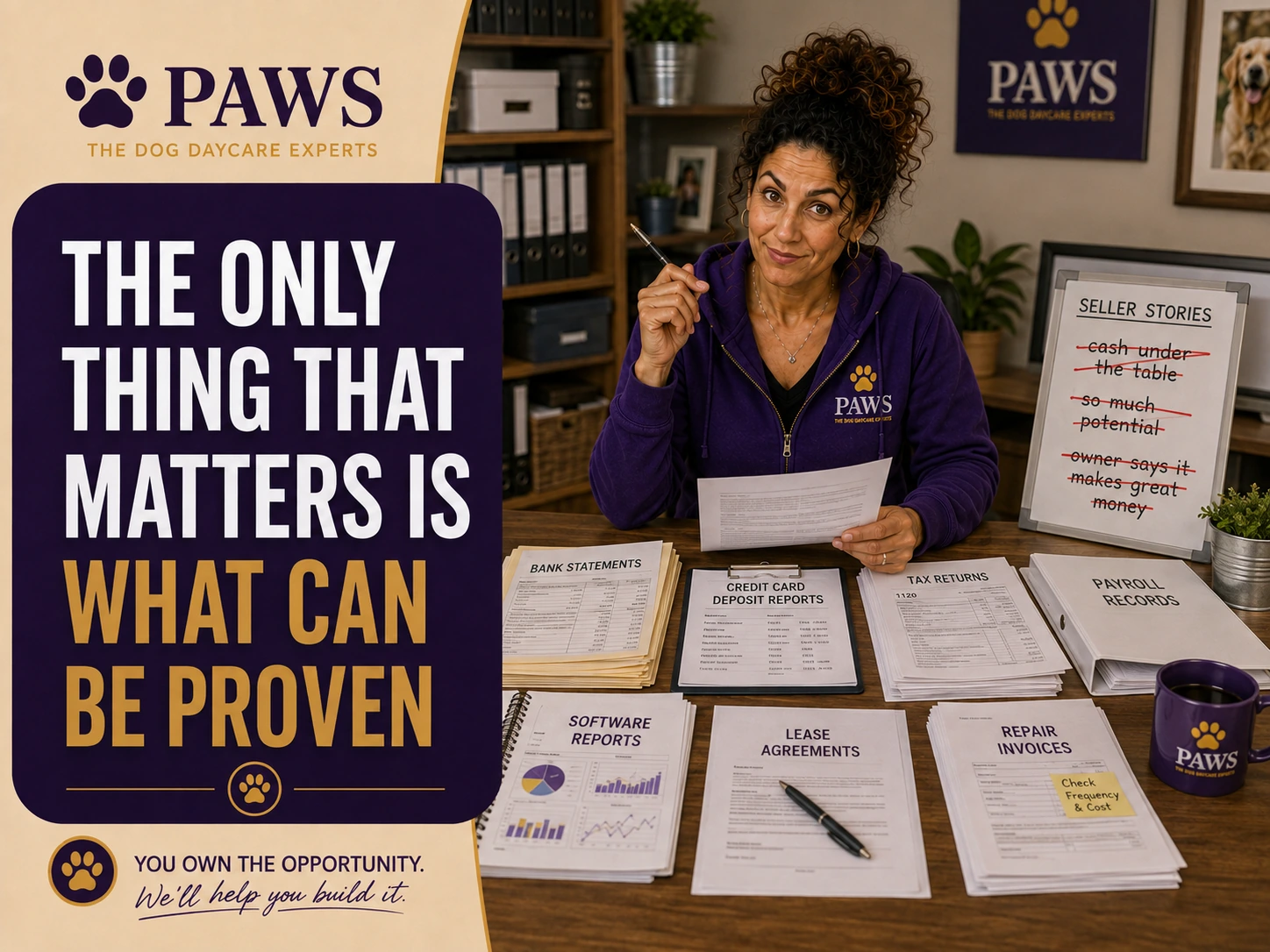 PAWS Lady sits at a desk surrounded by bank statements, credit card reports, tax returns, payroll records, software reports, lease agreements, and repair invoices, stressing that only provable facts matter in a purchase.