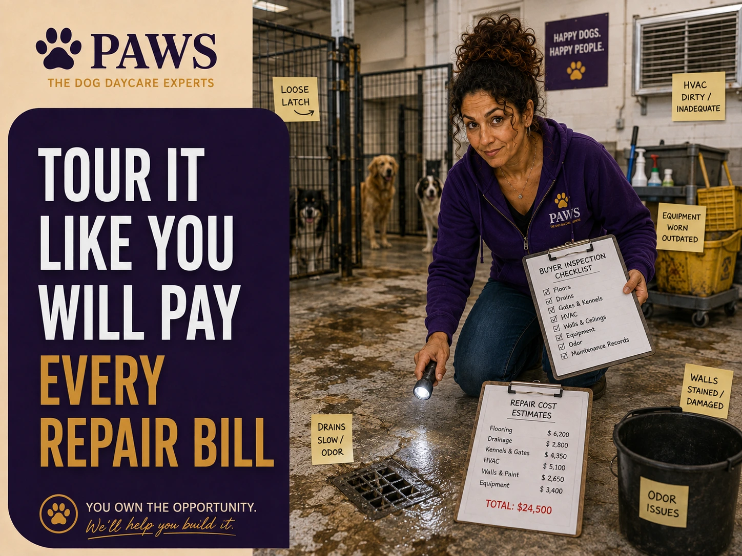 PAWS Lady kneels in a worn dog daycare facility with a flashlight and inspection checklist, highlighting drains, flooring, HVAC, equipment, and other repair issues a buyer may inherit.