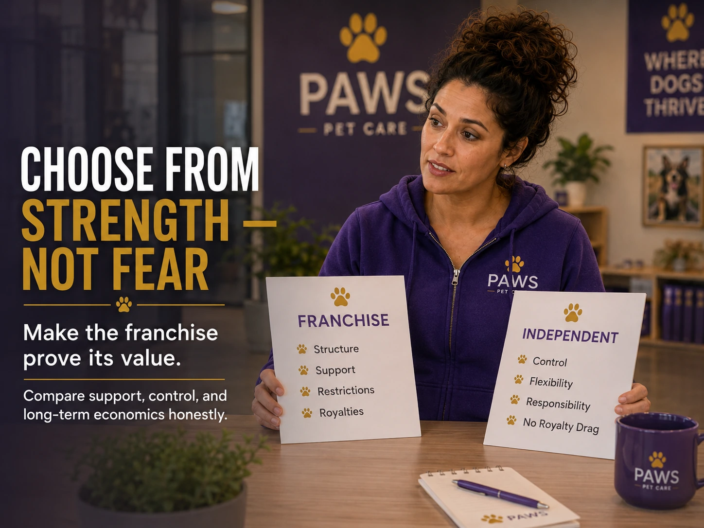 PAWS Lady holds two comparison sheets labeled Franchise and Independent, with overlay text encouraging the viewer to choose from strength rather than fear.