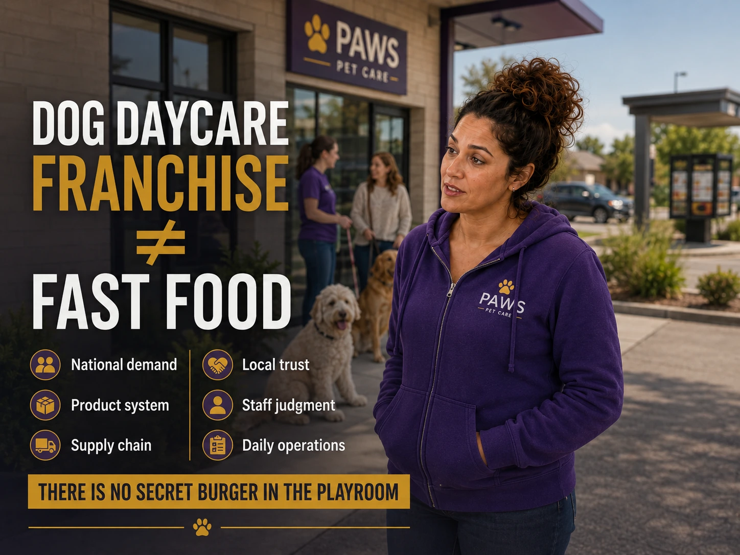 PAWS Lady stands outside a dog daycare location while overlay text states that dog daycare franchising is not the same as fast food, with supporting points about local trust, staff judgment, and daily operations.