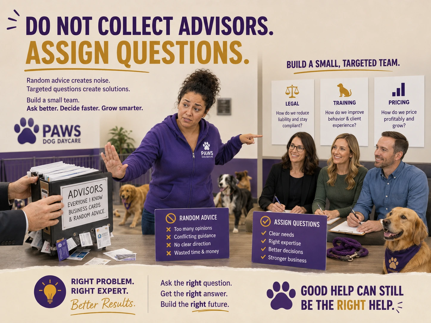 PAWS Lady compares random advice from many voices with a focused team asking specific legal, training, and pricing questions.