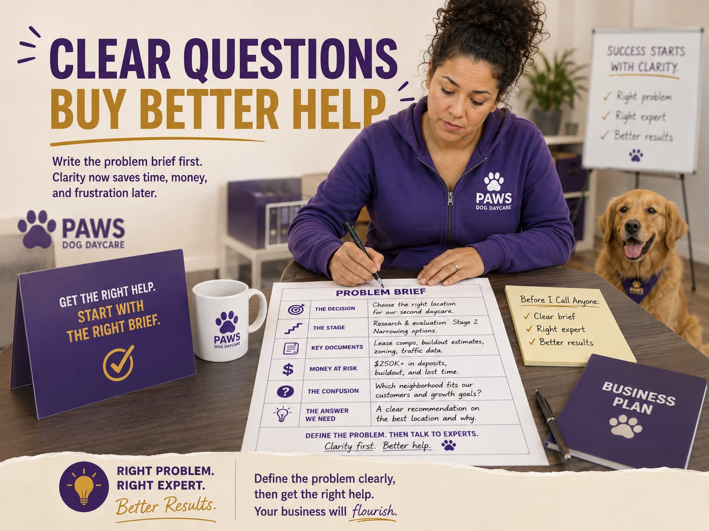 PAWS Lady points to a written problem brief and checklist that define the issue, goal, documents, and desired answer before contacting outside experts.