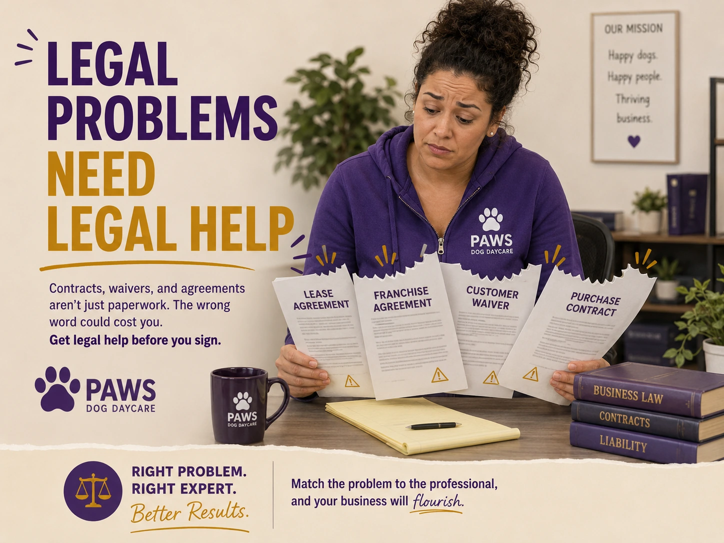 PAWS Lady reviews lease, franchise, waiver, and customer contract paperwork while a message explains that contracts and liability questions need legal help.
