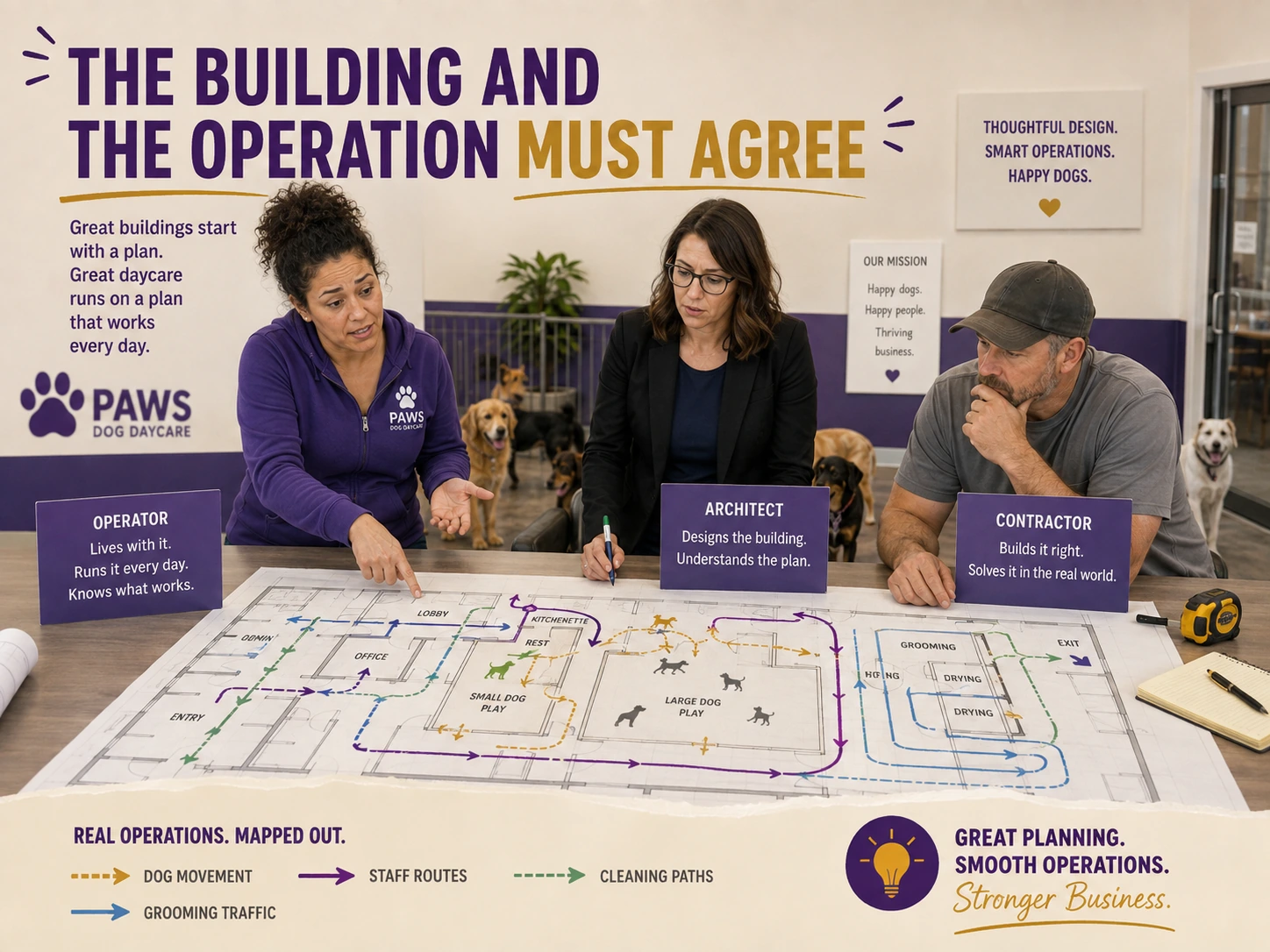 PAWS Lady and a three-person startup team compare operator, architect, and contractor roles around a daycare floor plan and operational layout.