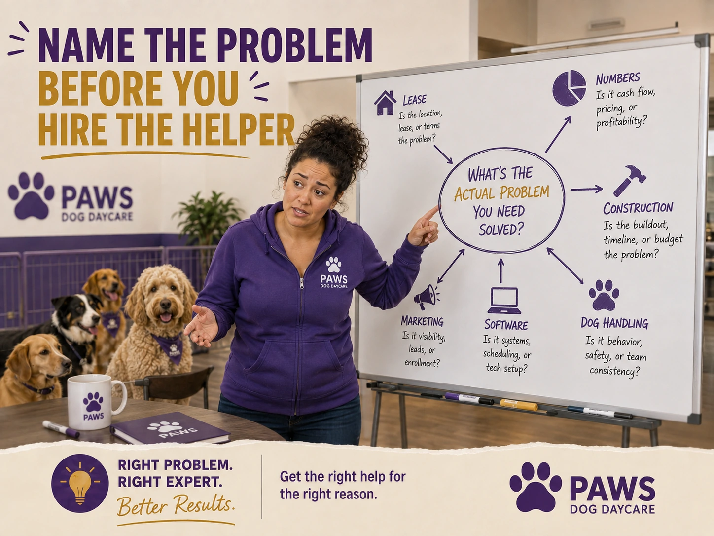 PAWS Lady stands by a large decision board asking whether the real startup issue is money, lease, construction, marketing, software, or dog handling.