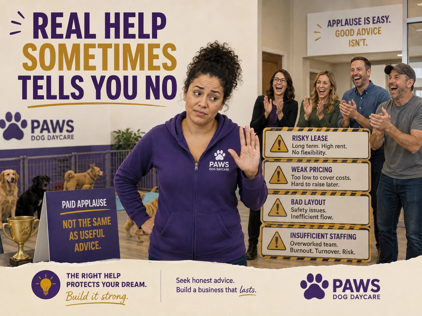 PAWS Lady faces a poster of risky lease terms, weak pricing, bad layout, and insufficient staffing while a crowd applauds in the background.