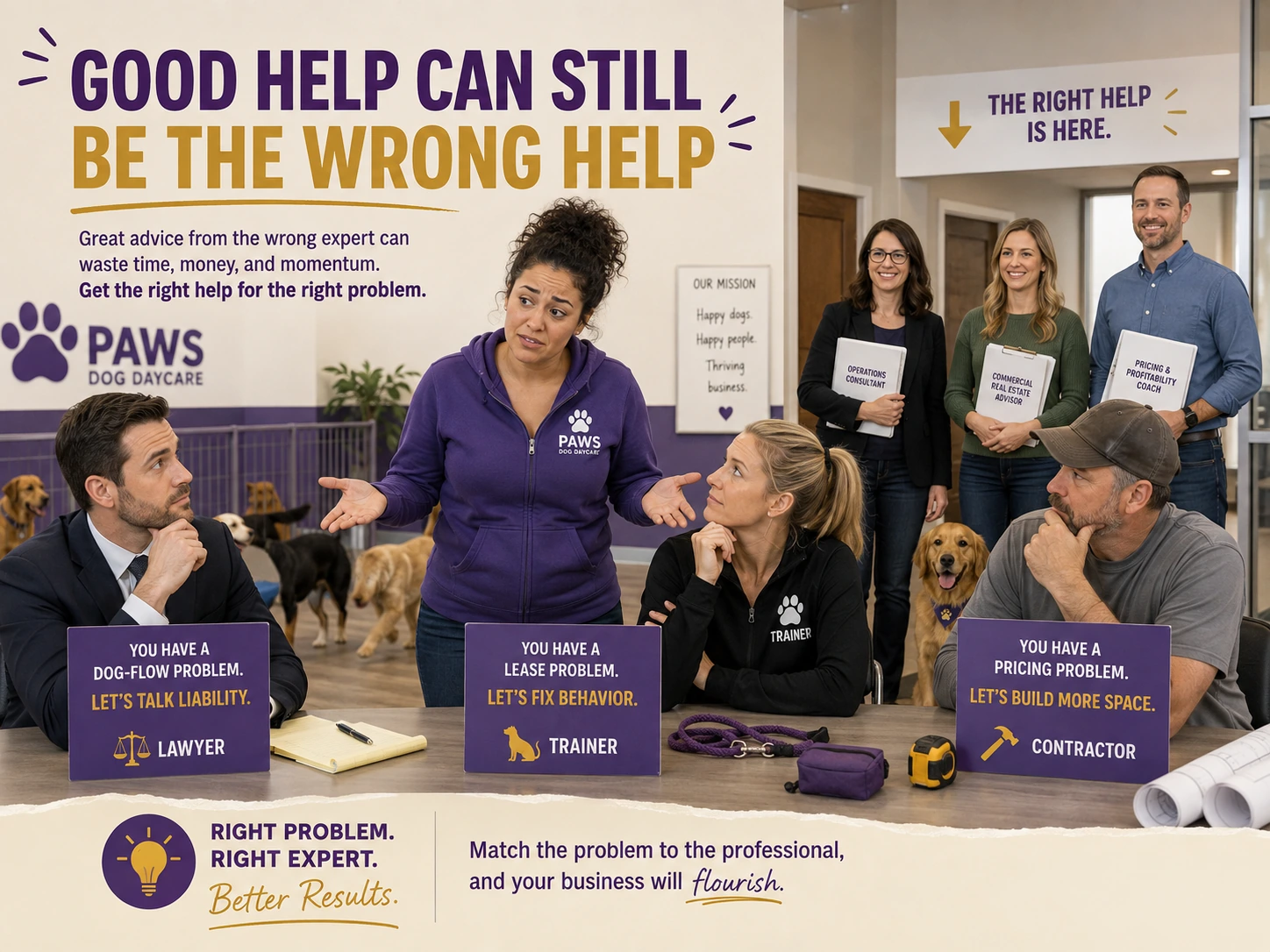 PAWS Lady beside a problem-matching board showing that lease, pricing, dog-flow, and behavior questions each need different expert help.
