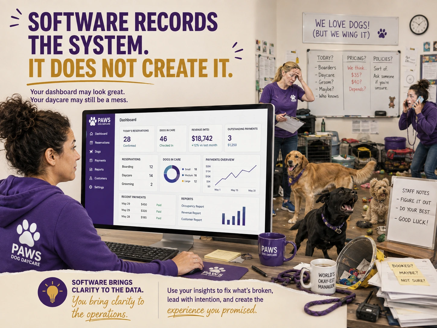 PAWS Lady stands between a polished software dashboard and a messy handwritten operation, showing that software cannot replace a real operating system.