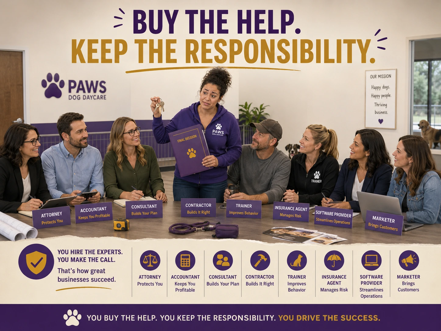 PAWS Lady is surrounded by icons for attorney, accountant, consultant, contractor, trainer, insurance, software, and marketing support.
