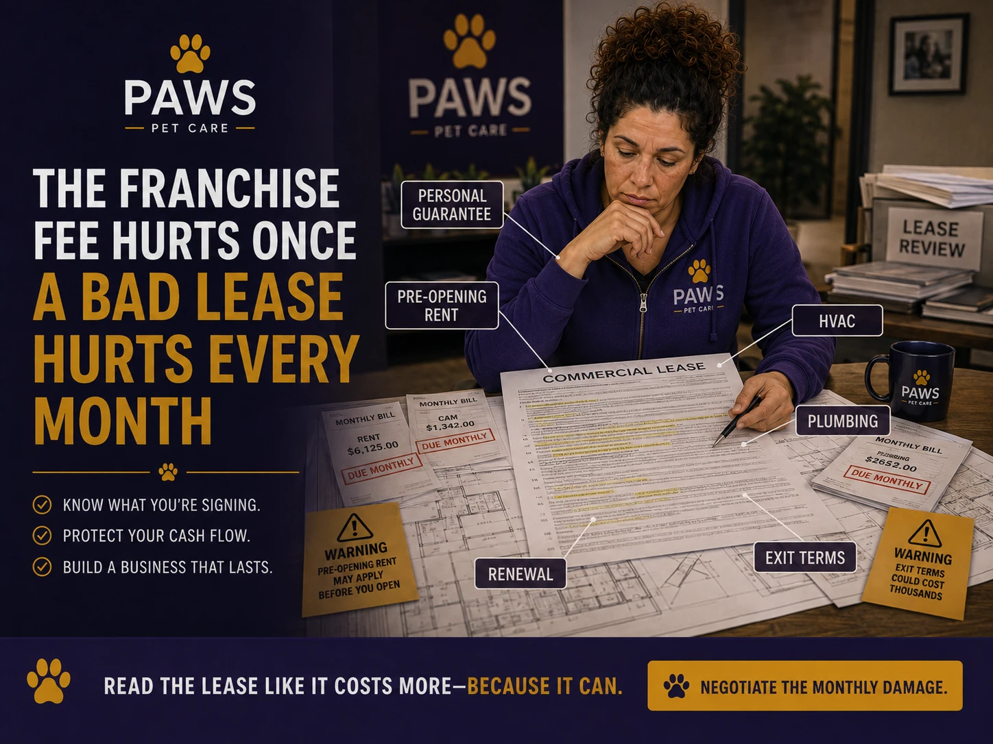PAWS Lady reviews a commercial lease surrounded by bills and build-out plans, with callouts for personal guarantee, pre-opening rent, HVAC, plumbing, renewal, and exit terms, emphasizing that a bad lease hurts every month.
