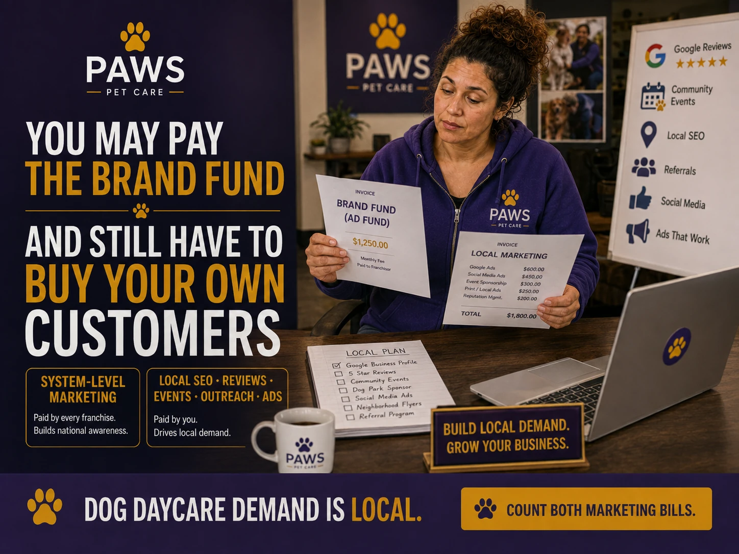 PAWS Lady compares a brand fund invoice with a local marketing invoice beside a board listing Google reviews, community events, local SEO, referrals, social media, and ads, showing that dog daycare owners may pay both system-level and local marketing costs.
