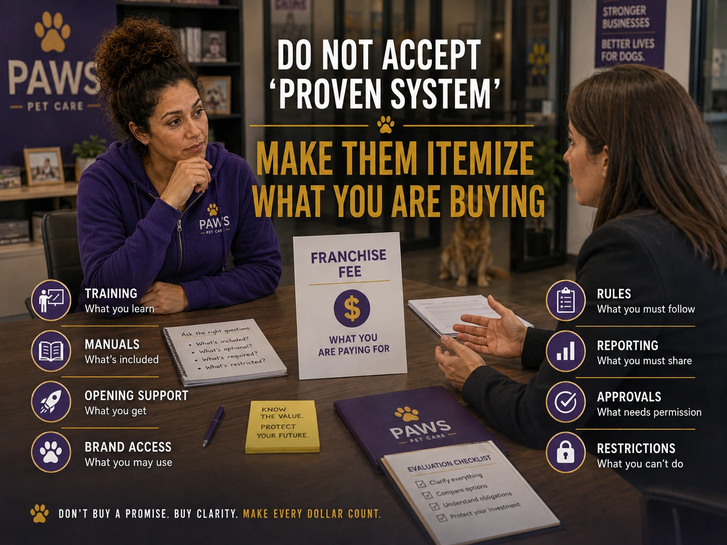 PAWS Lady questions a franchise representative across a table with a franchise fee display and overlay lists showing training, manuals, opening support, brand access, rules, reporting, approvals, and restrictions, urging buyers to itemize what they are paying for.