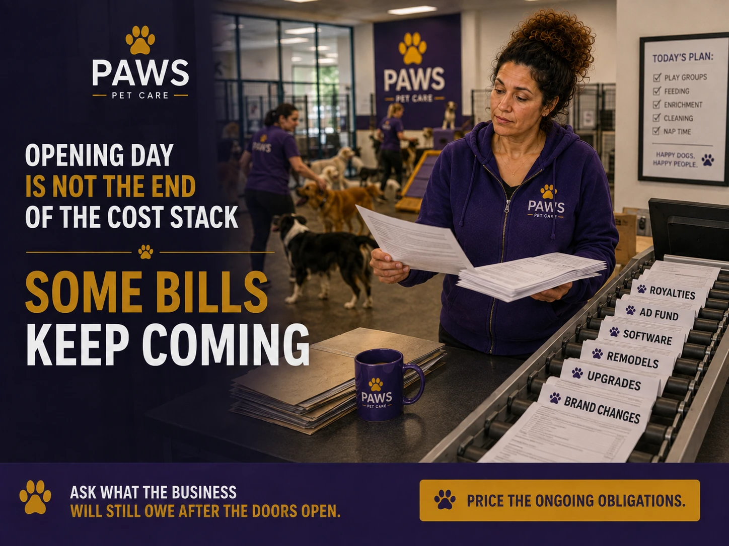 PAWS Lady reviews ongoing franchise bills inside a working dog daycare while labeled obligations like royalties, ad fund, software, remodels, upgrades, and brand changes keep arriving, reinforcing that opening day is not the end of the cost stack.