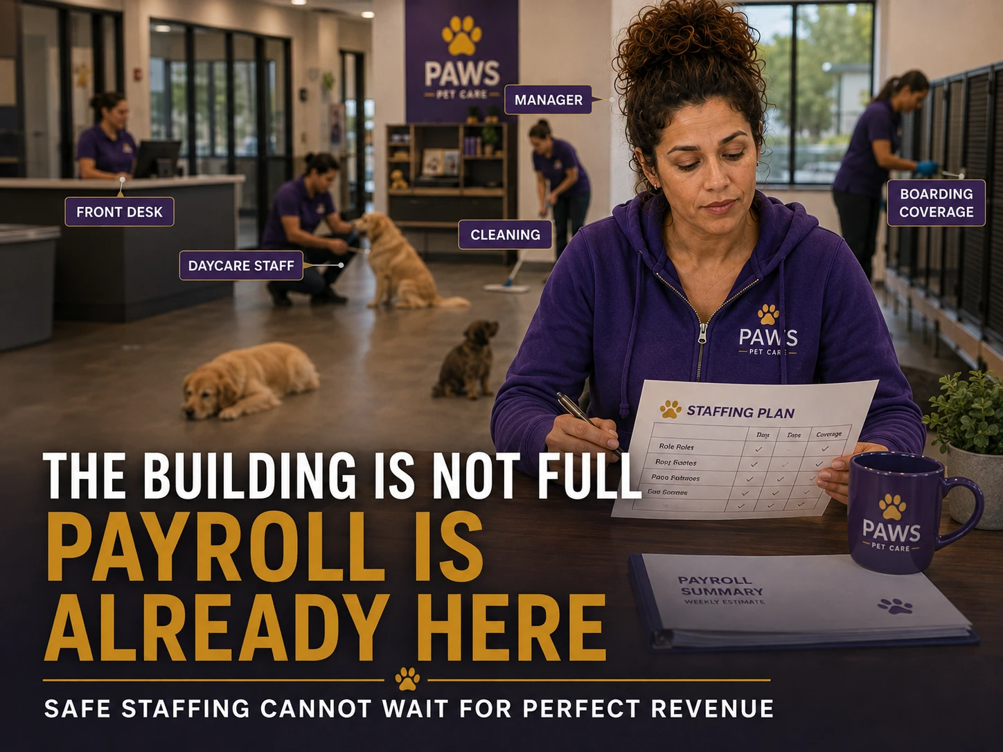 PAWS Lady reviews a staffing plan in a dog daycare with visible team roles such as front desk, daycare staff, cleaning, manager, and boarding coverage already in place, emphasizing that payroll starts before the building is full.