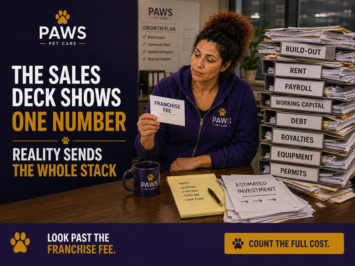 PAWS Lady holds a small franchise fee card beside a towering file stack labeled build-out, rent, payroll, working capital, debt, royalties, equipment, and permits, showing that the sales deck’s single number does not reflect the full investment.