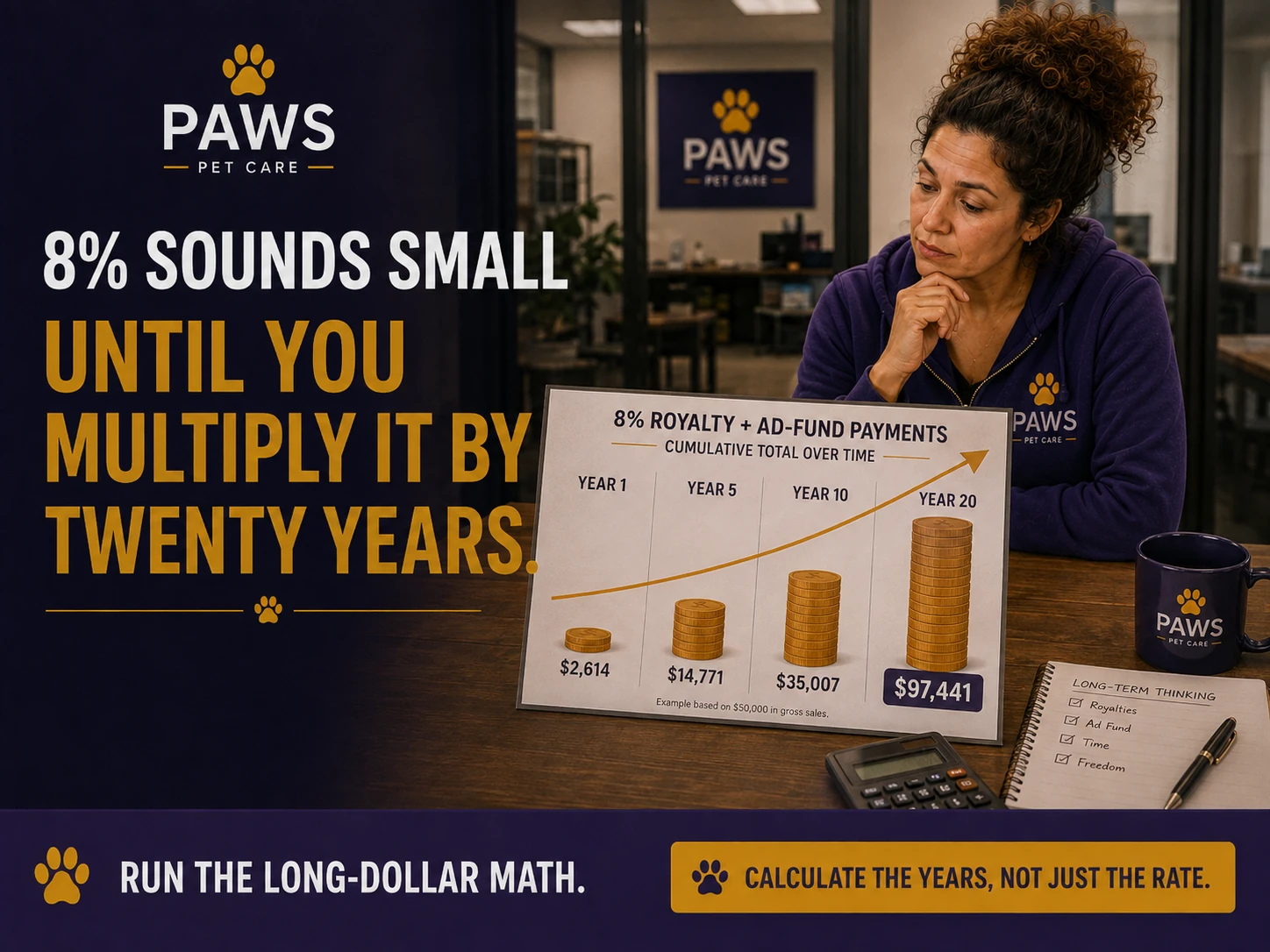 PAWS Lady studies a royalty and ad-fund chart that grows from year 1 to year 20, with a calculator and long-term notes on the table, illustrating how a small percentage becomes a large long-term cost over time.
