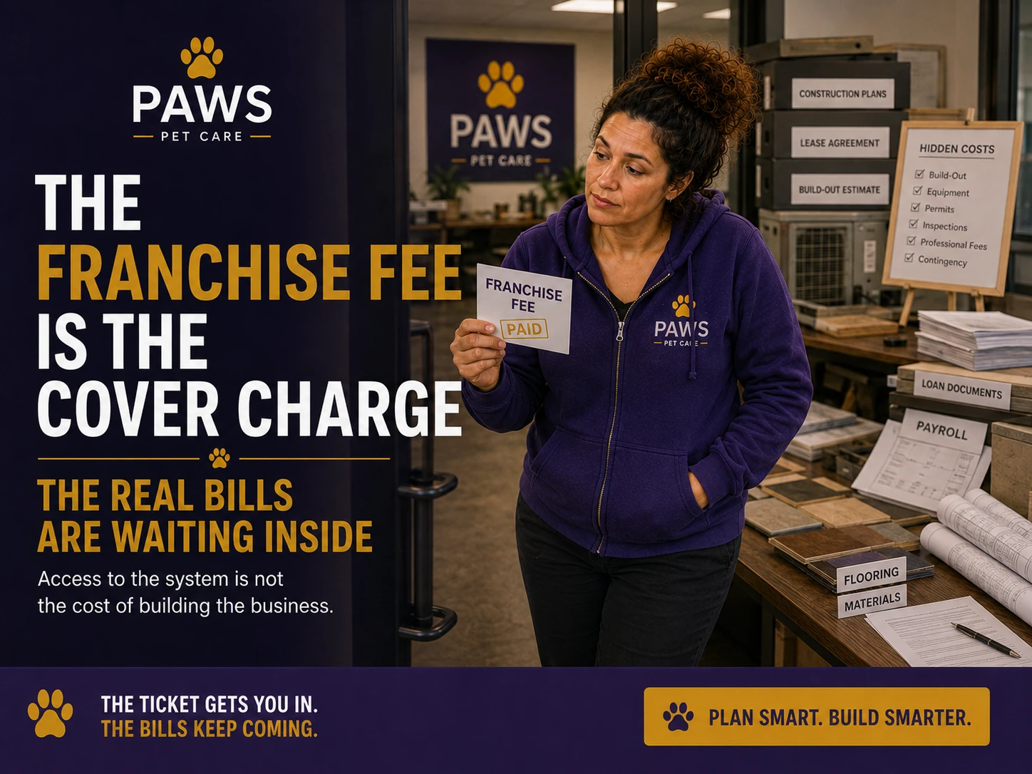 PAWS Lady holds a paid franchise fee card at the entrance to a planning room filled with construction plans, lease documents, payroll papers, flooring materials, and loan paperwork, showing that the franchise fee is only the cover charge and the real bills are inside.