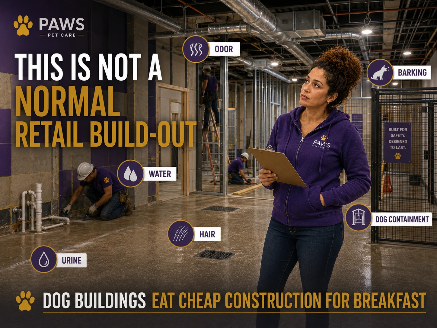 PAWS Lady stands inside an unfinished dog daycare build-out with exposed construction, drains, ducts, and kennel structures while overlay labels point to water, urine, hair, odor, barking, and dog containment, showing that a dog facility is not a normal retail build-out.