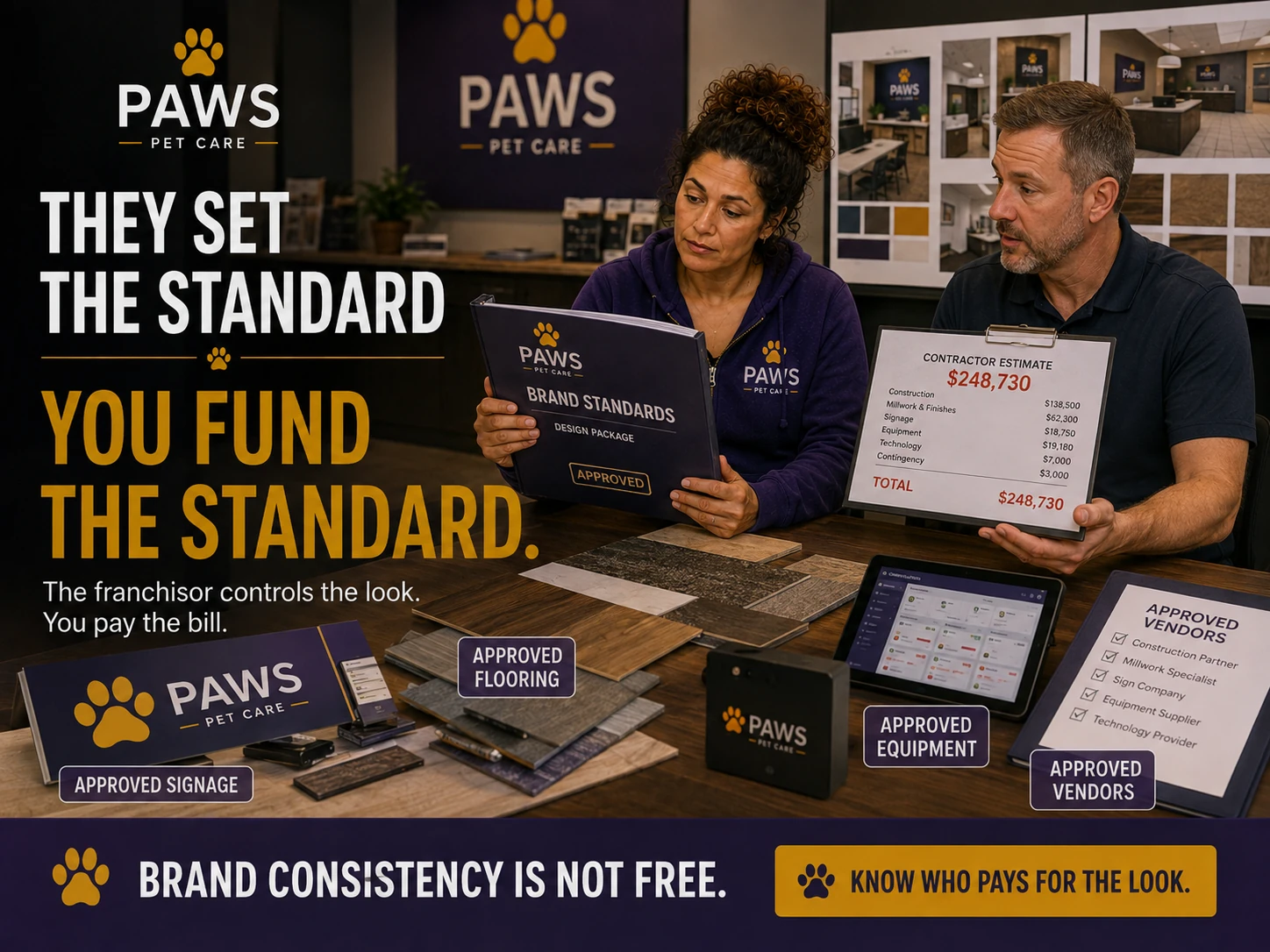 PAWS Lady reviews a brand standards package beside a contractor holding a large estimate, with approved signage, flooring, equipment, vendors, and finish samples on display, highlighting that the franchisor sets the standard and the owner funds it.
