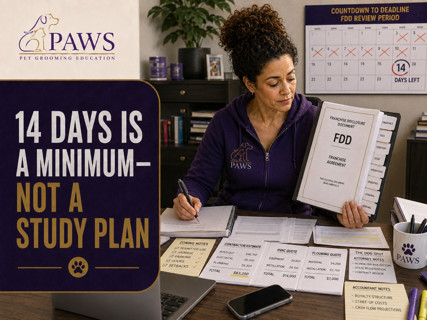 PAWS Lady reviews the franchise disclosure document at a desk surrounded by notes, quotes, and checklists while a countdown calendar shows 14 days left in the review period.