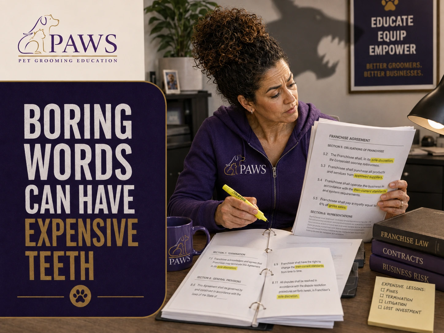 PAWS Lady studies a franchise agreement at a desk, highlighting restrictive clauses while a bold overlay warns that boring words can have expensive teeth.