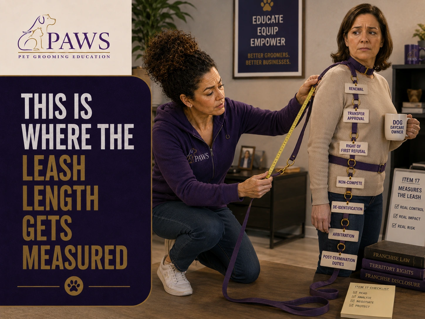 PAWS Lady measures a literal leash attached to a dog daycare owner, with tags labeled renewal, transfer approval, right of first refusal, non-compete, de-identification, arbitration, and post-termination duties to illustrate Item 17 franchise restrictions.
