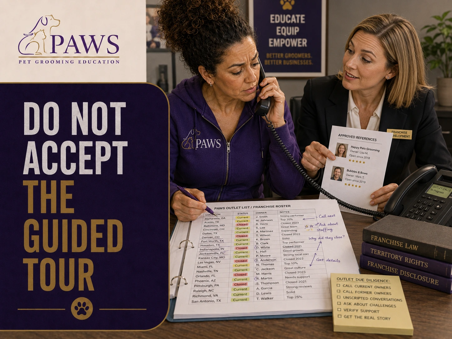 PAWS Lady calls franchise outlets from a marked-up franchise roster while a franchise development representative tries to hand her a short approved references sheet, emphasizing the need to contact a broad list of current and former owners.