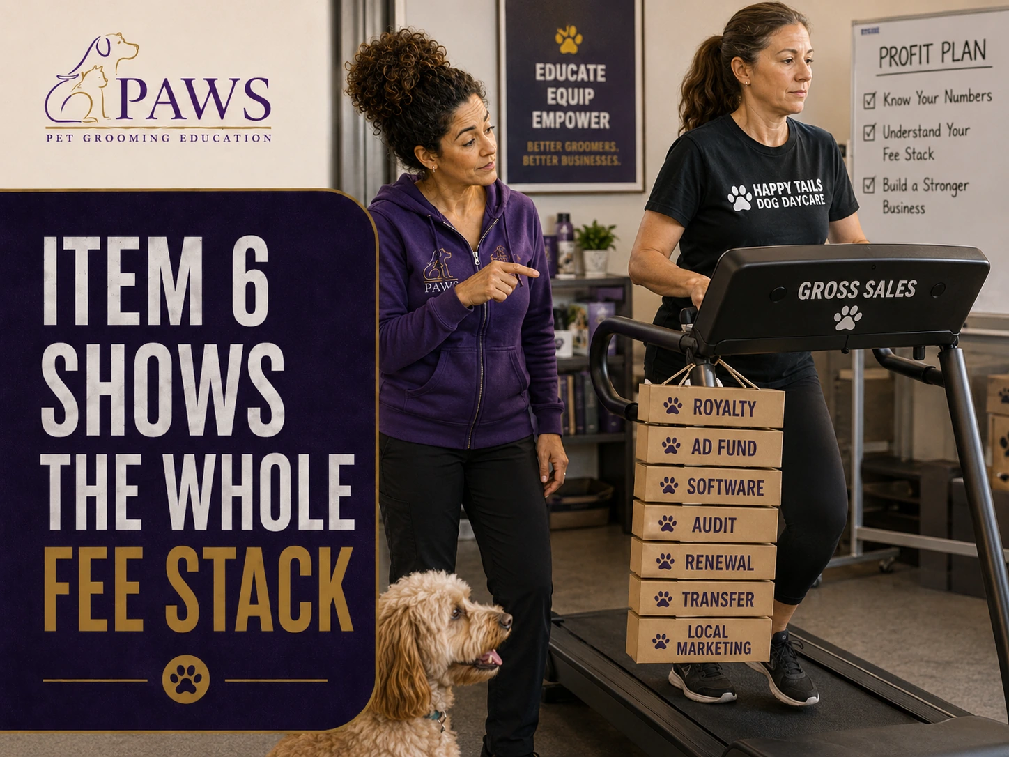 PAWS Lady stands beside a treadmill labeled gross sales as stacked fee boxes—royalty, ad fund, software, audit, renewal, transfer, and local marketing—pile up beside a daycare operator.