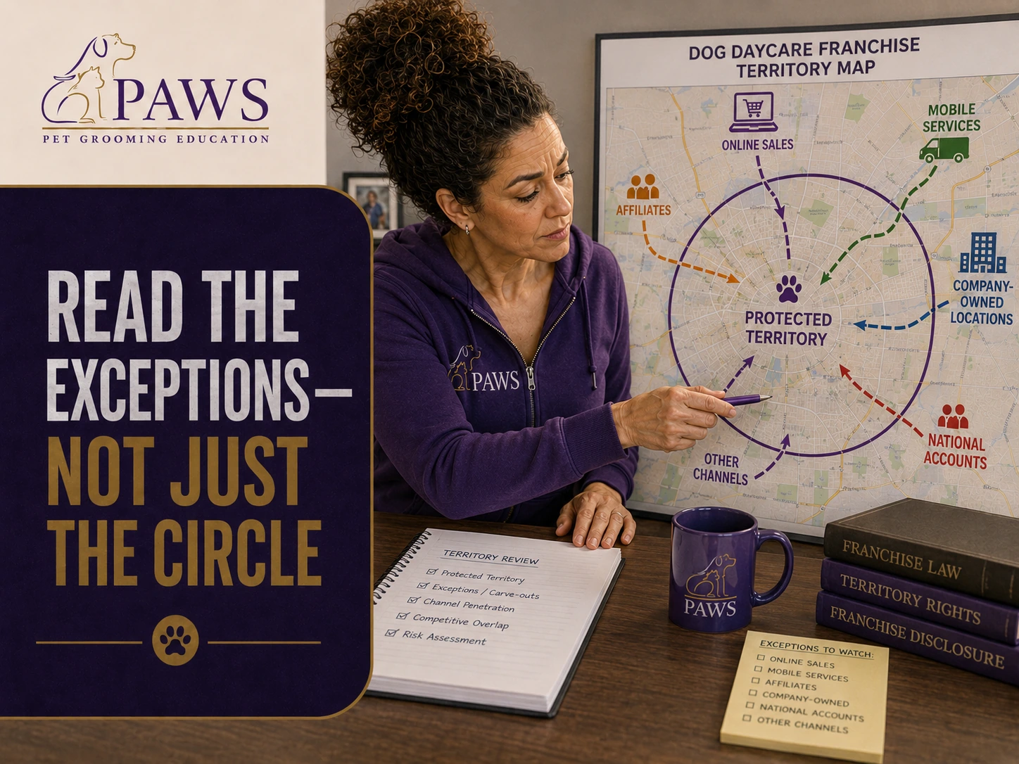 PAWS Lady reviews a dog daycare franchise territory map where a protected territory circle is penetrated by online sales, mobile services, affiliates, company-owned locations, national accounts, and other channels.