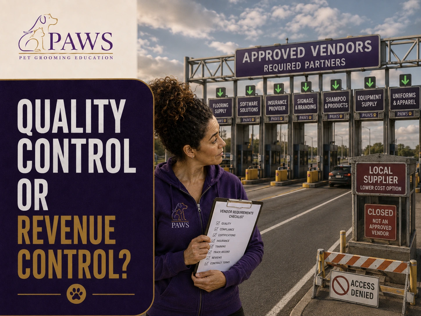 PAWS Lady holds a vendor requirements checklist while looking at a highway-style approved vendors tollgate that blocks local lower-cost suppliers.