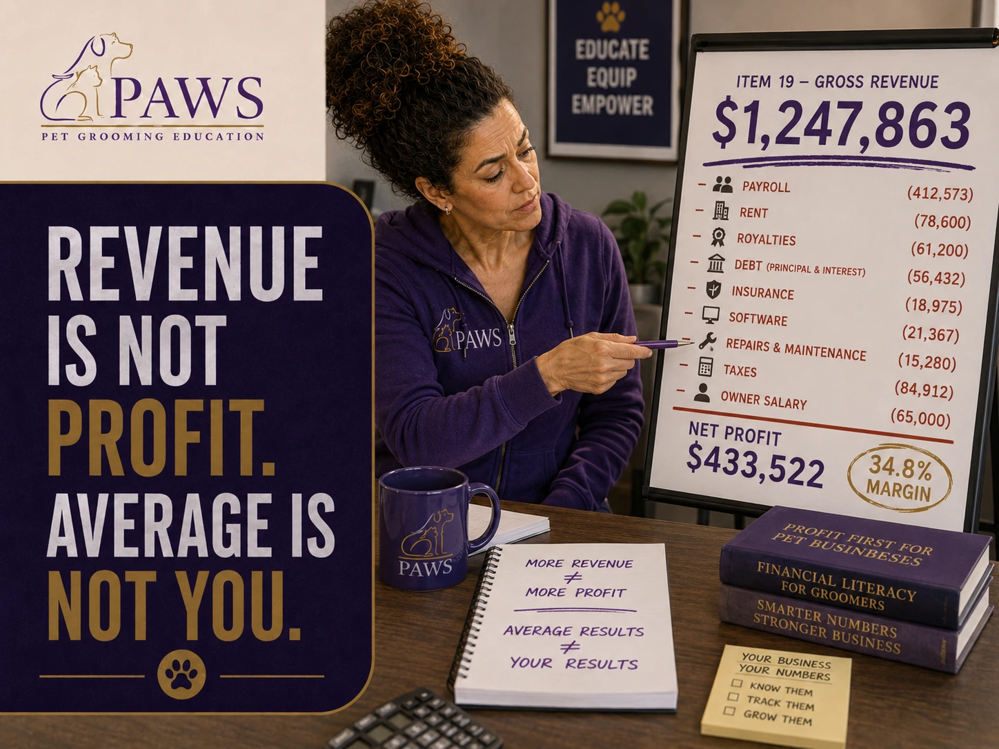 PAWS Lady points to a financial easel showing a large Item 19 gross revenue figure with payroll, rent, royalties, debt, insurance, software, repairs, taxes, and owner salary subtracted before net profit.