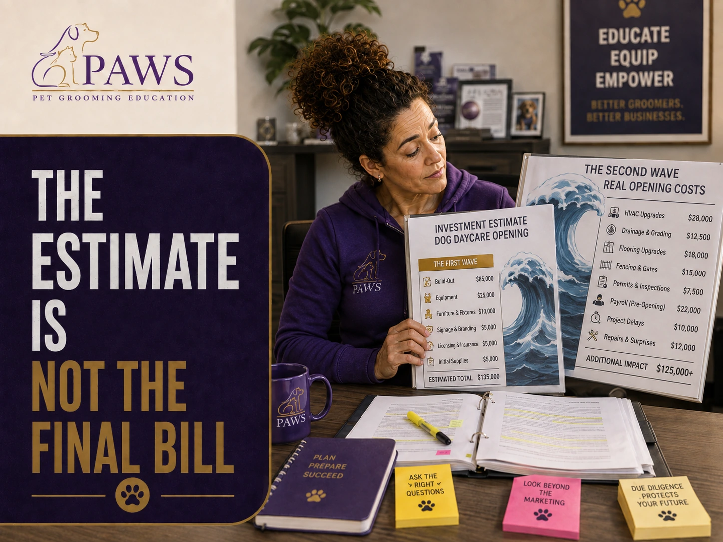 PAWS Lady compares an opening investment estimate with a second-wave cost sheet showing additional expenses that can hit after the first wave.