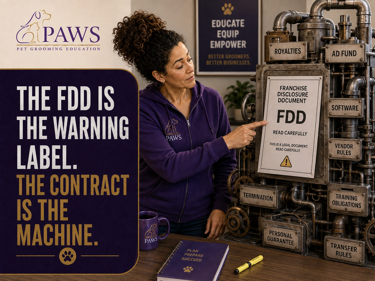 PAWS Lady points at an industrial machine labeled with franchise obligations, royalties, ad fund, software, vendor rules, termination, and transfer rules beside a large FDD warning label.