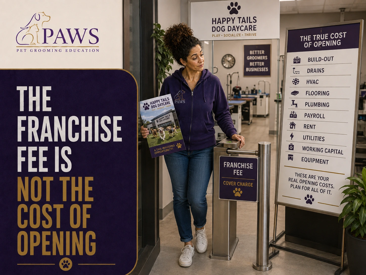 PAWS Lady walks through an entry gate labeled franchise fee while a large sign lists the true cost of opening, including build-out, drains, HVAC, flooring, plumbing, payroll, rent, utilities, working capital, and equipment.